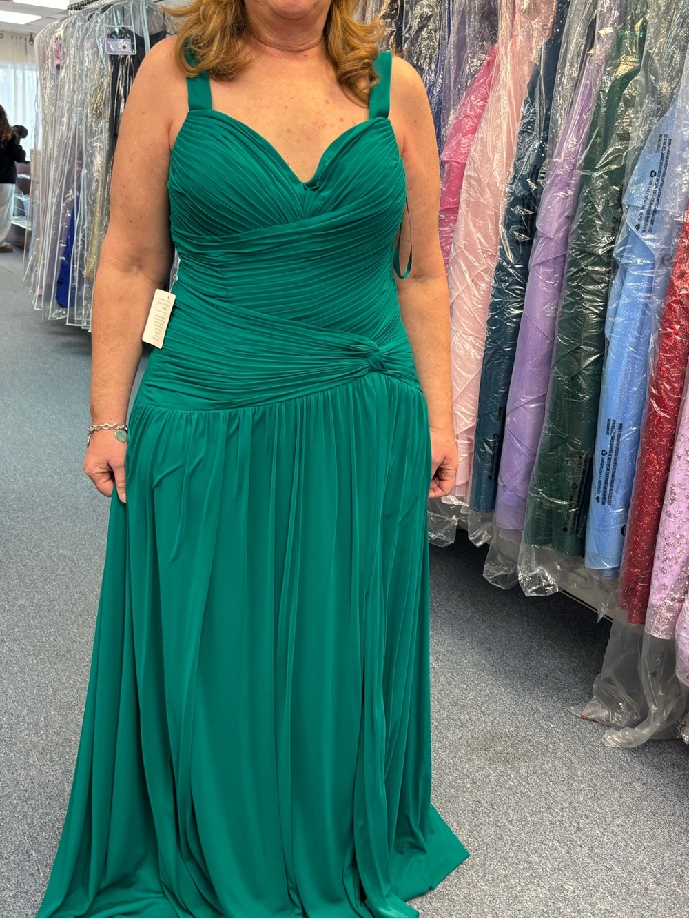 Grecian chiffon draped waist gown in vibrant jade green. NWT